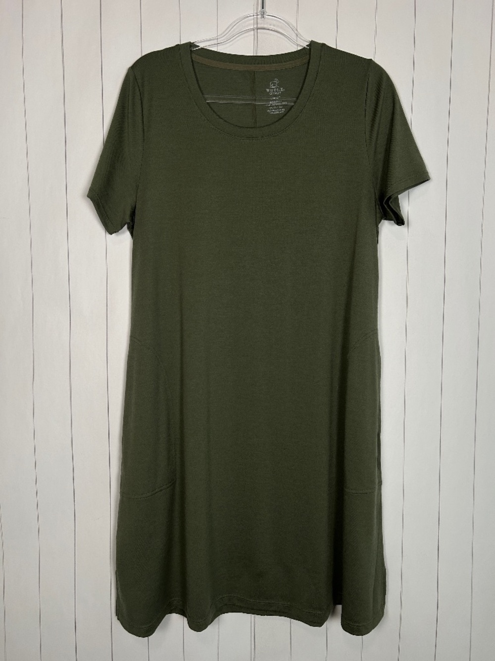 Woolx size L Georgie t-shirt dress merino wool green above knee w pockets